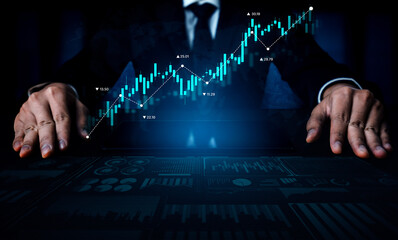 Stock market analysis with candlestick chart and price movement trend line, highlighting global...
