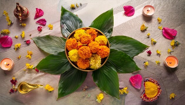 a serene interpretation of a vibrant arrangement of ritha with leaves on a textured surface