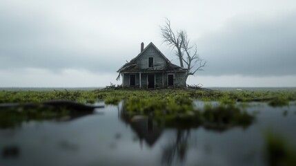 Obraz premium Abandoned farmstead during intense storm in rural countryside