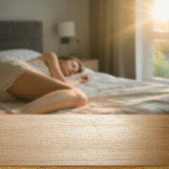 Cozy and serene bedroom scene with wooden table for product placement or mockups. In the softly...