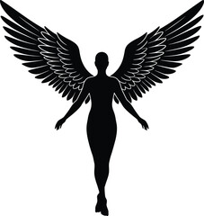 Naklejka premium Elegant Angel Woman Silhouette with Wings Isolated on White Background