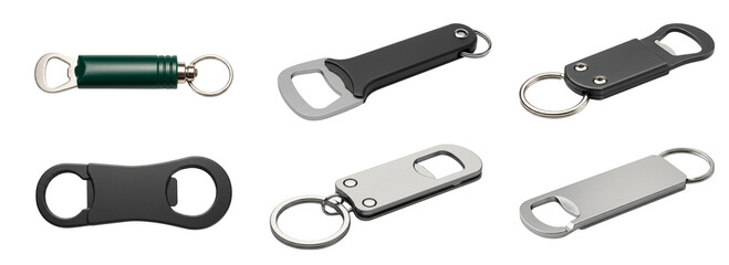 set of metal and plastic bottle openers on white background with copy space