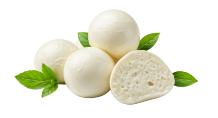 fresh mozzarella cheese balls with basil leaves on white background