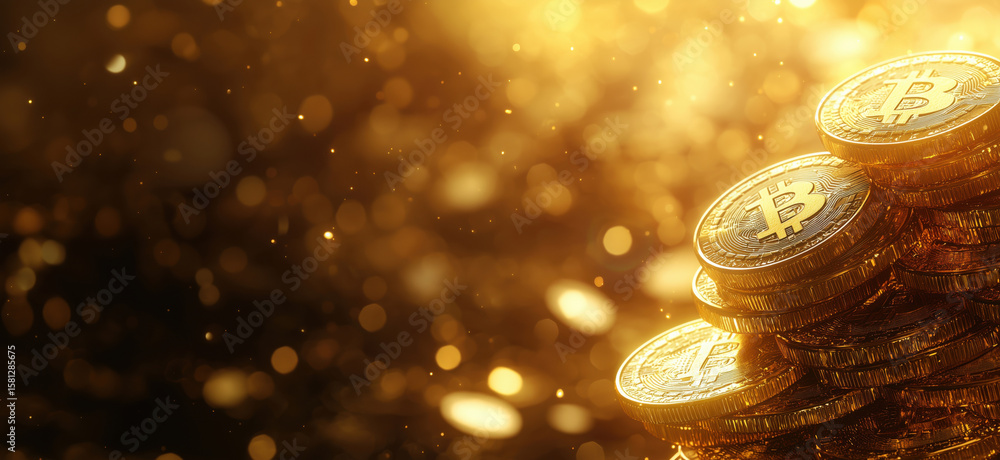 Poster bitcoin coins stacked on a shimmering golden background with bokeh effect.