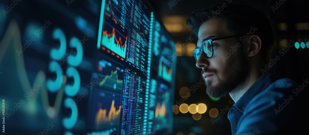 Poster data analyst working late at night analyzing financial charts and graphs on multiple screens.