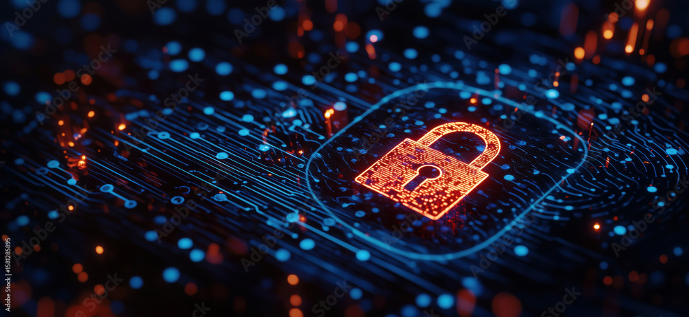 Poster digital lock symbol on circuit board background representing cybersecurity and data protection.