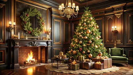 A festive Christmas living room with a glowing tree, gifts, and a cozy fireplace, perfect for holiday celebrations