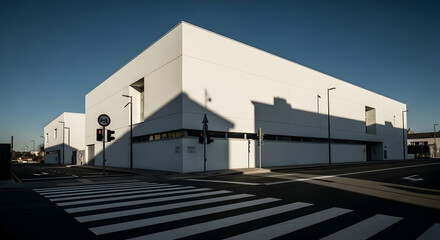 Modern White Building With Shadows And Crosswalk In Urban Environment