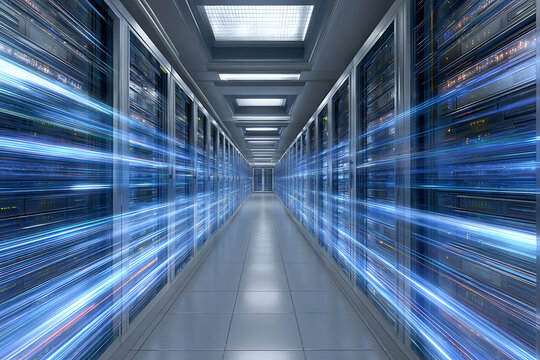 Long Narrow Server Room with Rows of Gleaming Metal Server Racks and Bright Blue Data Streams data center