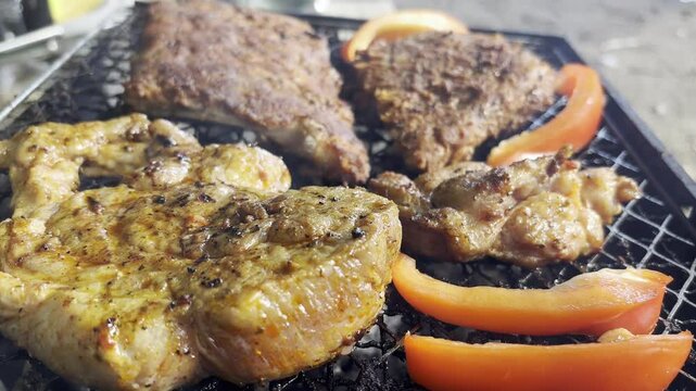 Small Grill or Portable Barbecue. Preparing Mini Bbq with Smoke, Grilling Meat Outdoors, Fast Food in Park