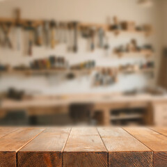 Locksmith workshop with empty wooden workbench for product placement or mockup presentations....