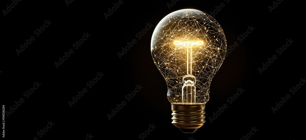 Poster illuminated light bulb with glowing filament and intricate network design.