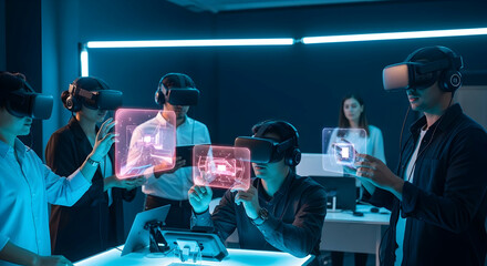 Group of professionals immersed in collaborative virtual reality design and futuristic interaction