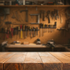 Locksmith workshop with empty wooden workbench for product placement or mockup presentations....