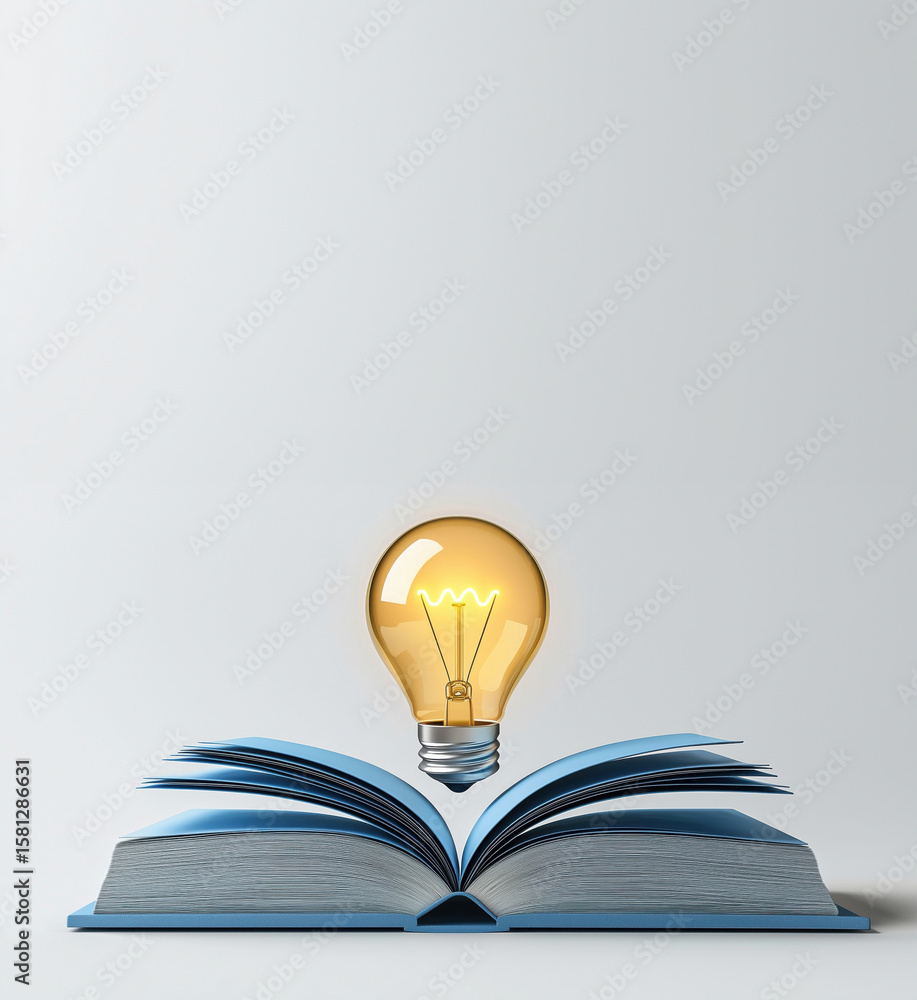 Poster open book with glowing light bulb symbolizing knowledge and creativity.