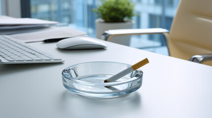 Obraz premium Close-up View of a Cigarette Butt in an Ashtray Resting on a Desk in a Modern Office Setting