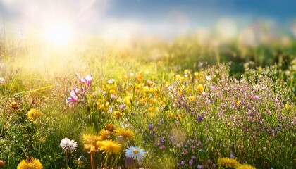 Fototapeta premium soft focus spring meadow with colorful wildflowers under gentle sunlight