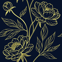 Elegant gold line art peony floral pattern design with detailed outlines
