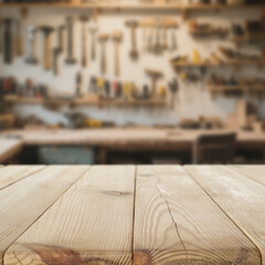 Locksmith workshop with empty wooden workbench for product placement or mockup presentations....