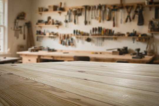 Locksmith workshop with empty wooden workbench for product placement or mockup presentations. Blurred wall with various tools hanging on hooks and shelves. Craftsmanship, DIY, tools, industry concept.