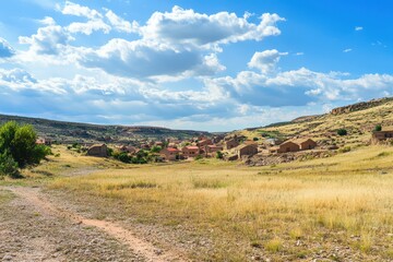 Naklejka premium Scenic village nestled in a valley under blue sky