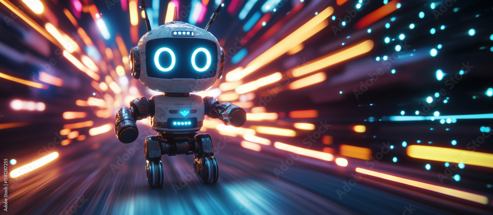 Poster cute robot character running through vibrant light trails in futuristic environment.