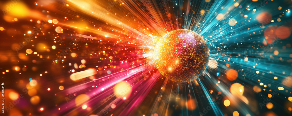 Poster colorful abstract cosmic explosion with glowing sphere and dynamic light rays.