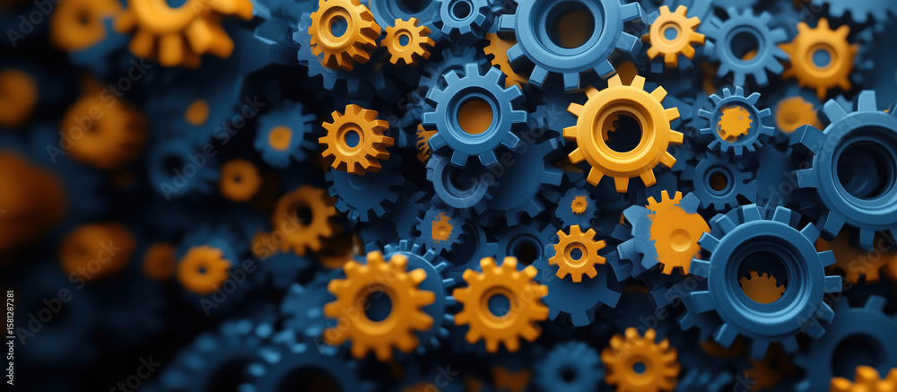 Poster colorful gears in motion representing teamwork and collaboration in engineering.