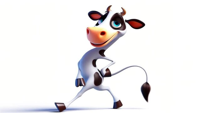 Funny clumsy cow cartoon, cute animation on white background. Free copy space
