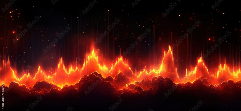 Poster vibrant audio waveform visualization with fiery colors and dynamic peaks.