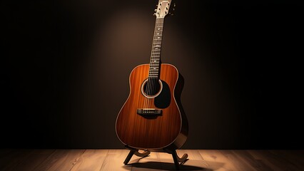 A vintage guitar on a wooden stand, illuminated by a warm spotlight against a dark backdrop.