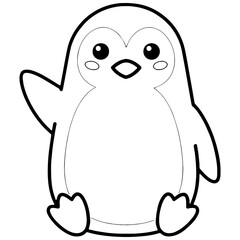 Black and White Cartoon Penguin Waving – Cute Outline Illustration for Coloring Book and Kids Activity