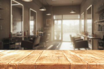 Empty wooden table and blurrred modern stylish hair salon interior with clean surface for showcasing products or mockups. 