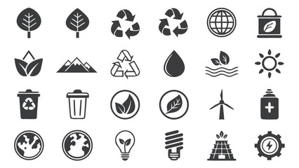 Thirty Solid Black Glyph Icons Depicting Environmental Concepts Recycling Symbols Leaves Trees Mountains Water Energy Sources and Waste
