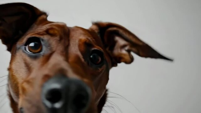 Curious dog exploring camera lens with playful attention and intrigue