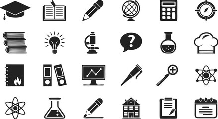 Obraz premium Thirty Solid Black Glyph Icons Set Education Science Research Symbols Graduation Cap Books Pencil Globe Calculator Compass Microscope