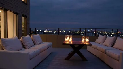 Rooftop evening ambiance with glowing cityscape and candlelit lounge