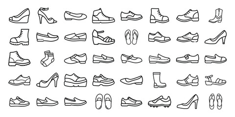 Collection of diverse footwear icons including heels boots sneakers and sandals