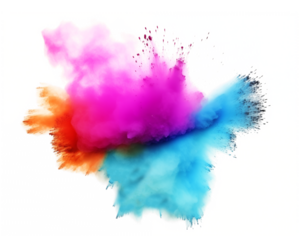 Colorful powder splash with magenta, orange, and cyan, color explosion.