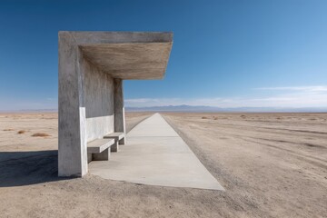 Concrete shelter in a desert landscape. Minimalist architecture.