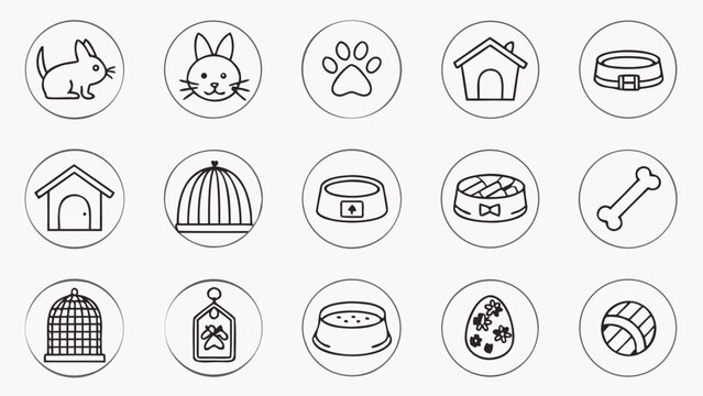 Thirty Thin Line Art Icons Depicting Pet Supplies and Animals including Rabbits Dogs Cats Birds Food Bowls Houses Cages Toys and Collars in