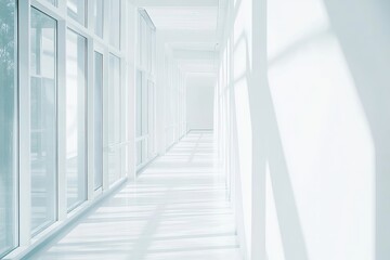 Obraz premium White corridor with large windows. Sunlight casts shadows
