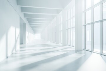 Obraz premium Vast, sunlit white hallway with large windows