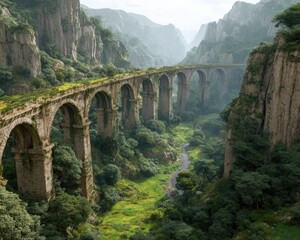 Ancient stone bridge winding through a lush, green valley. A breathtaking view of nature's artistry.