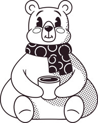 Black-and-white retro bear with coffee