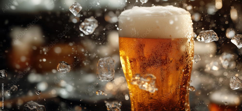 Poster refreshing cold beer with ice cubes splashing in a vibrant bar setting.