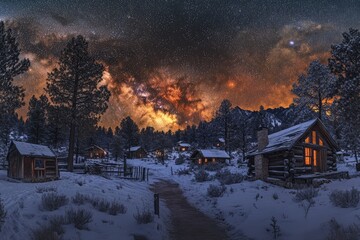 Fototapeta premium Snowy mountain village at night under a vibrant milky way