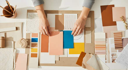 Hands choosing color swatches for interior design with earth tone palette and moodboard