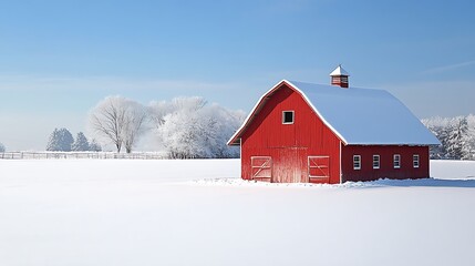 Red barn covered in snow in a winter rural landscape with trees and mountains