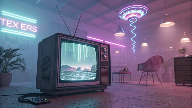 Retro Futuristic TV Displaying Glitch Art in a Neon-Lit Room, Evoking Nostalgia and Sci-Fi Aesthetics